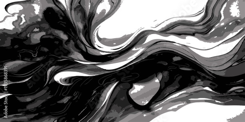 Vector Abstract black and white flowing ink blends together, creating dynamic forms and textures, reminiscent of water, smoke, or celestial phenomena.