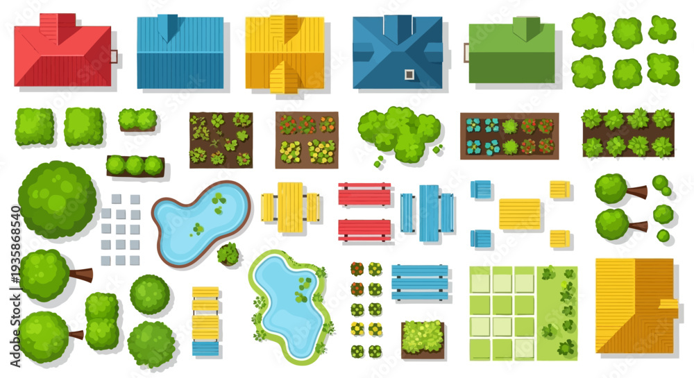 Fototapeta premium Aerial view of colorful buildings trees ponds and garden elements