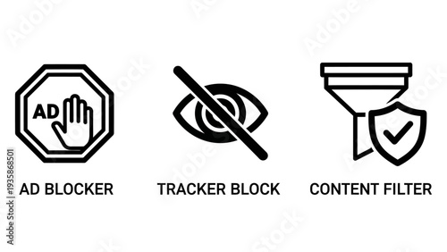 Icons for online privacy: ad blocker, tracker block, and content filter. Symbols for digital security, anti-tracking, and safe browsing.