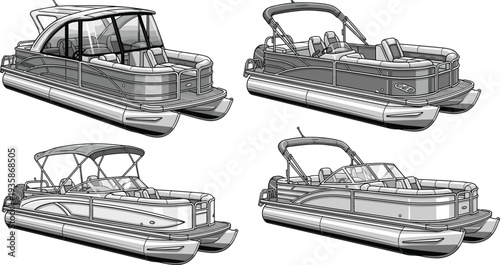 Pontoon boat vector illustration set, modern recreational motor boats collection with canopy and seating, luxury leisure watercraft design isolated marine transport