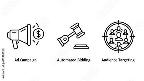 Digital marketing icons: ad campaign, automated bidding, and audience targeting. Line art for advertising, sales, and online business strategy.
