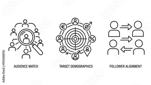 Icons representing audience match, target demographics, and follower alignment. Concepts for marketing, social media, and user analysis.