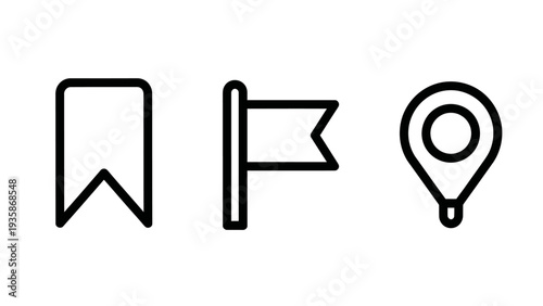Bookmark, flag, and location pin icons. Simple outline symbols for saving, marking, and navigation in vector art.