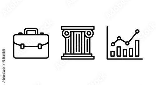 Briefcase, courthouse pillar, and growing graph icons. Vector set representing business, law, and financial growth.