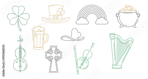 St patrick's day shamrock rainbow pot of gold beer celtic harp horseshoe vector illustration setSt patrick's day shamrock rainbow pot of gold beer celtic harp horseshoe vector illustration set