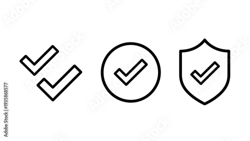 Checkmark icons: double check, circular check, and shield with check. Set of symbols for verification, success, and security.