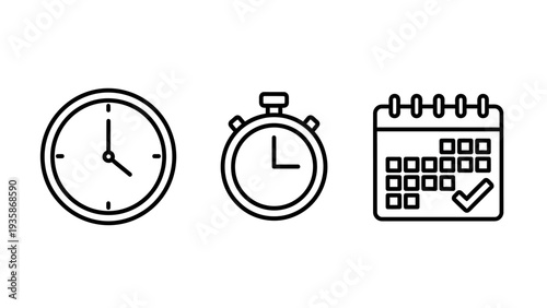 Clock, stopwatch, and calendar icons. Set of simple outline symbols for time management, scheduling, and deadlines.