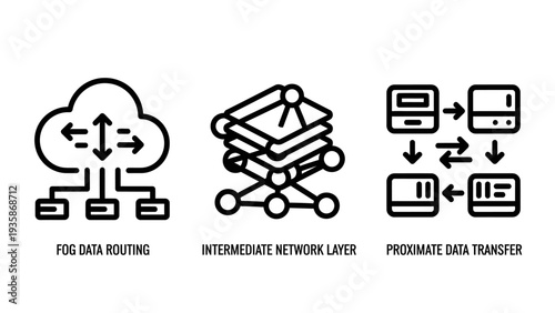 Fog Data Routing and Network Layer Transfer Line Icons for Distributed Computing and Edge Technology Systems