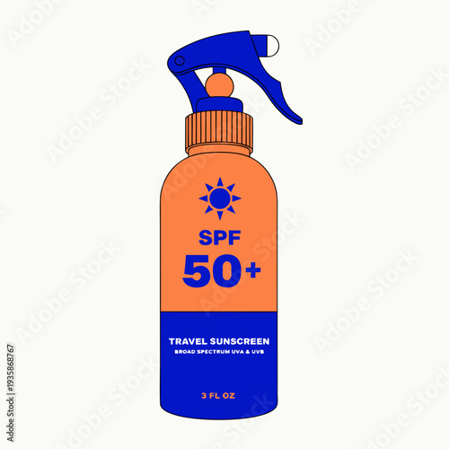 A blue and orange spray bottle of spf 50+ sunscreen