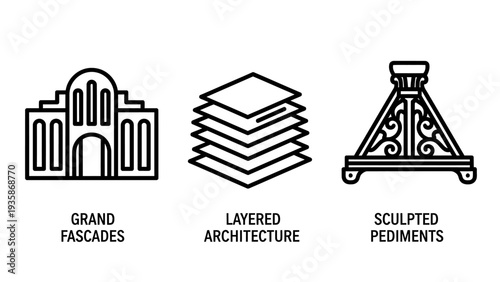 Architectural line art icons featuring grand facades, layered building designs, and sculpted pediments, ideal for construction, design, or historical content.
