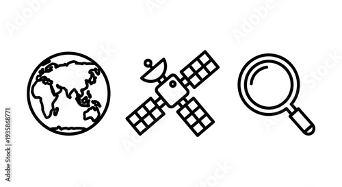 Global communication and search line icons depicting a world map, satellite, and magnifying glass, suitable for technology, telecommunications, or research designs.