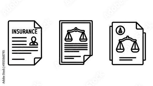 Legal and insurance line icons featuring policy documents, justice scales, and warning symbols, suitable for law firms, financial services, or risk management.