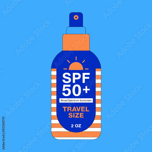 Travel size spf 50+ sunscreen bottle on blue background