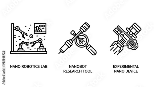 Cutting-Edge Nanobot Robotics Lab Icons for Research Tools and Experimental Nano Devices, Highlighting Advanced Science and Future Technology Innovation.
