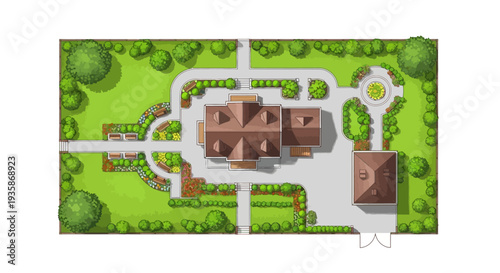 Aerial view of a landscaped estate with a large house and gardens