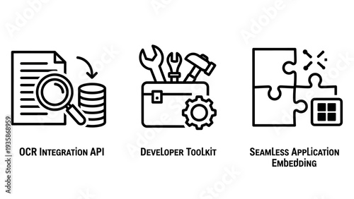 Software Development Icons Featuring OCR Integration API, Developer Toolkit, and Seamless Application Embedding for Modern Tech Solutions.