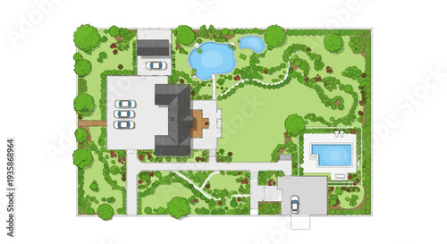 Architectural plan of a luxurious estate with garden and pool overview