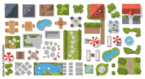 Top down view of various outdoor structures and landscape elements