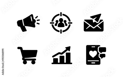 Set of six modern business and marketing icons on a white background