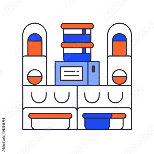 A blue and orange kitchen with several pots and pans