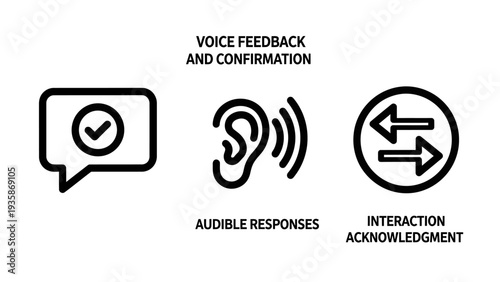 Voice Feedback and Interaction Acknowledgment Icon Set: Audible Responses and Confirmation for Smart Systems.