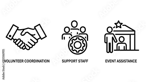 Volunteer Coordination and Event Assistance Icon Set: Teamwork, Support Staff, and Community Engagement.