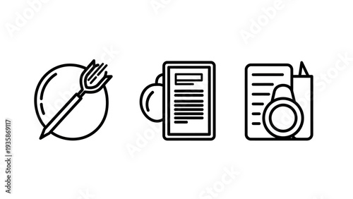 Diverse Outline Icons Set: Food and Dining, Secure Document Management, and Confidential Information Protection