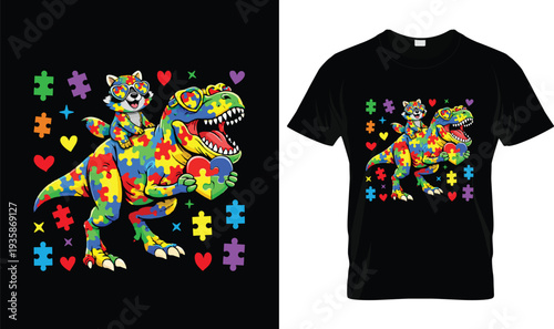 Puzzle Dino Raccoon Heart Autism T-Shirt, t-shirt design, tshirt, vector, illustration, logo, apparel, typography, Autism