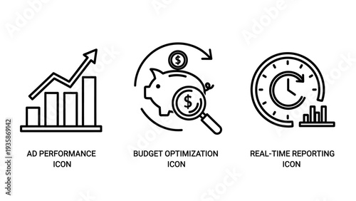Business Performance Metrics Outline Icons Set: Ad Performance, Budget Optimization, and Real-Time Reporting