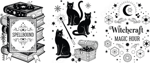 Witchcraft magic illustration with spellbook black cats wand and mystical symbols, occult magic hour design, vintage witch elements vector collection