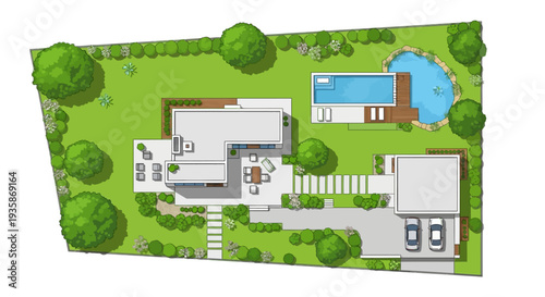 Architectural plan of a modern house with a pool and garden