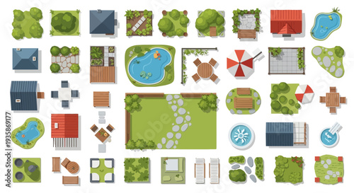 Aerial view collection of various garden and landscape elements