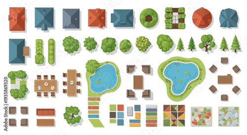 Aerial view collection of buildings trees ponds and landscape elements