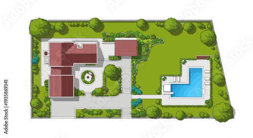 Aerial view of a modern house with a landscaped garden and swimming pool