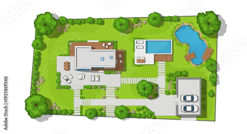 Architectural plan depicting a modern house with a pool and landscaped garden