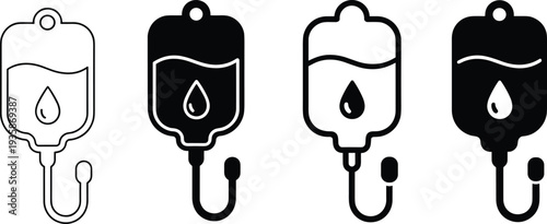 IV drip bag icon set, outline and solid medical infusion symbol, hospital healthcare vector illustration isolated on background