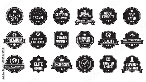Black Luxury Badges and Labels in Vintage Style with White Text and Ornate Frames for Premium Branding