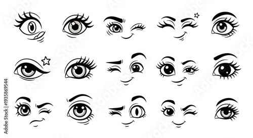 Collection of Hand Drawn Cartoon Eyes Expressing Various Emotions.