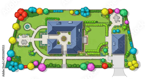 Aerial view of a detailed colorful garden surrounding a large house