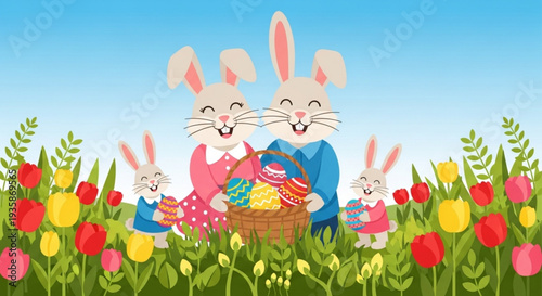 Happy easter bunny family with basket of colorful eggs in a vibrant tulip field on a sunny day