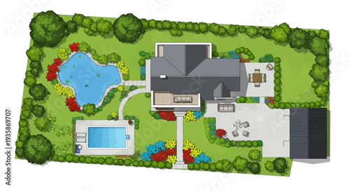 Aerial view of a luxurious residential garden and property layout