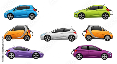 Collection of Electric Cars in Various Colors and Models.