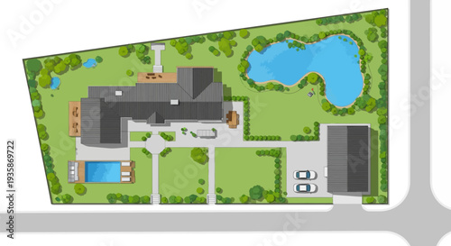 Aerial view of a modern house with a pool pond and landscaped garden