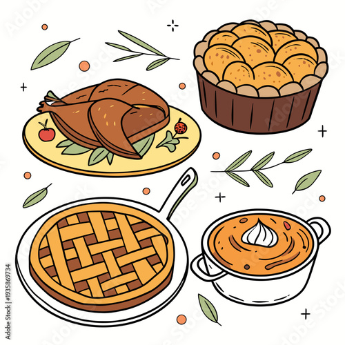 set of food icons of Watercolor festive food collection of vector illustration