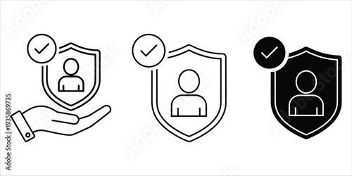 User protection icons with shield, hand, and checkmark in outline and solid styles security safety