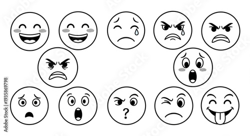 Collection of expressive emoji faces in black and white outline style.