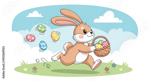 Cartoon easter bunny running with basket of eggs on sunny day with clouds