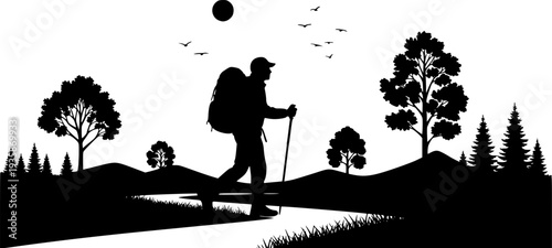 Eco-Tourism Sustainable Traveler Silhouette Vector, Black and White Nature Hiking Art
