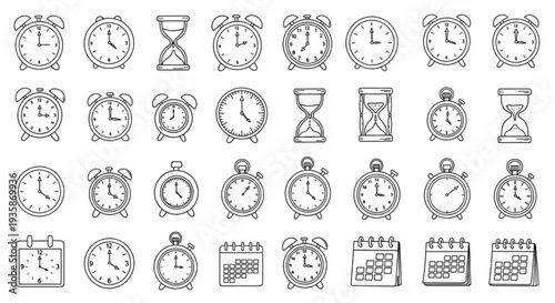 Collection of Hand Drawn Alarm Clocks and Calendars.