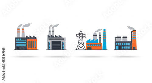 Collection of industrial factory buildings and power line tower.